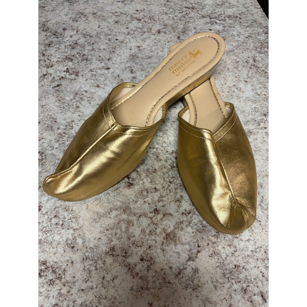 Merry Mules by Beacon Vintage Gold Metallic Curled Toe Wedge Slippers 977